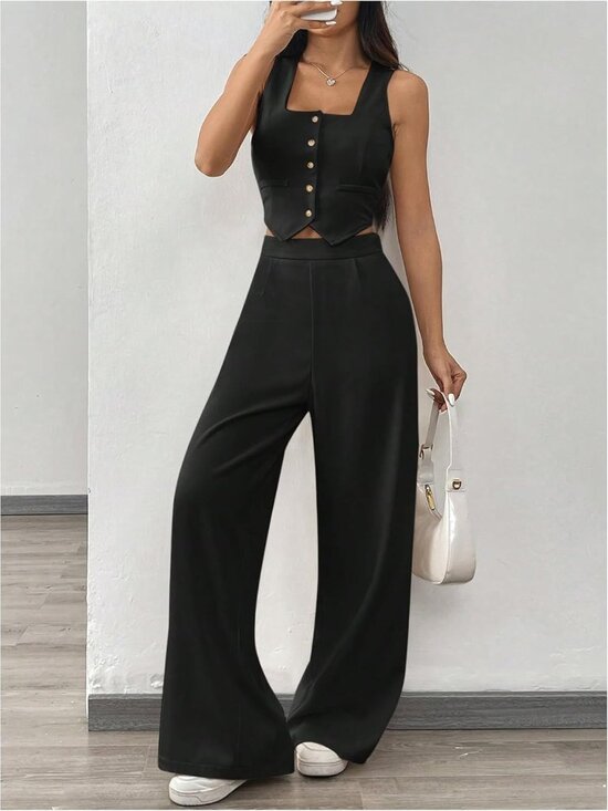 🆕Women's Black 2 Piece Sets Wide Leg Pants Outfits Sleeveless Blazer Vest Suits - Picture 4 of 6